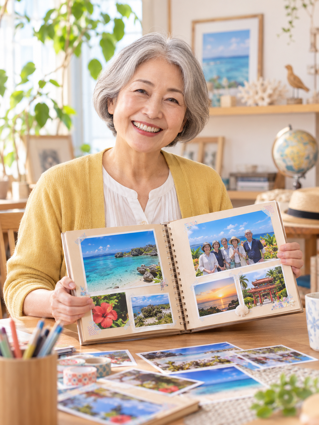 旅のアルバムを開いて紹介する、笑顔の講師