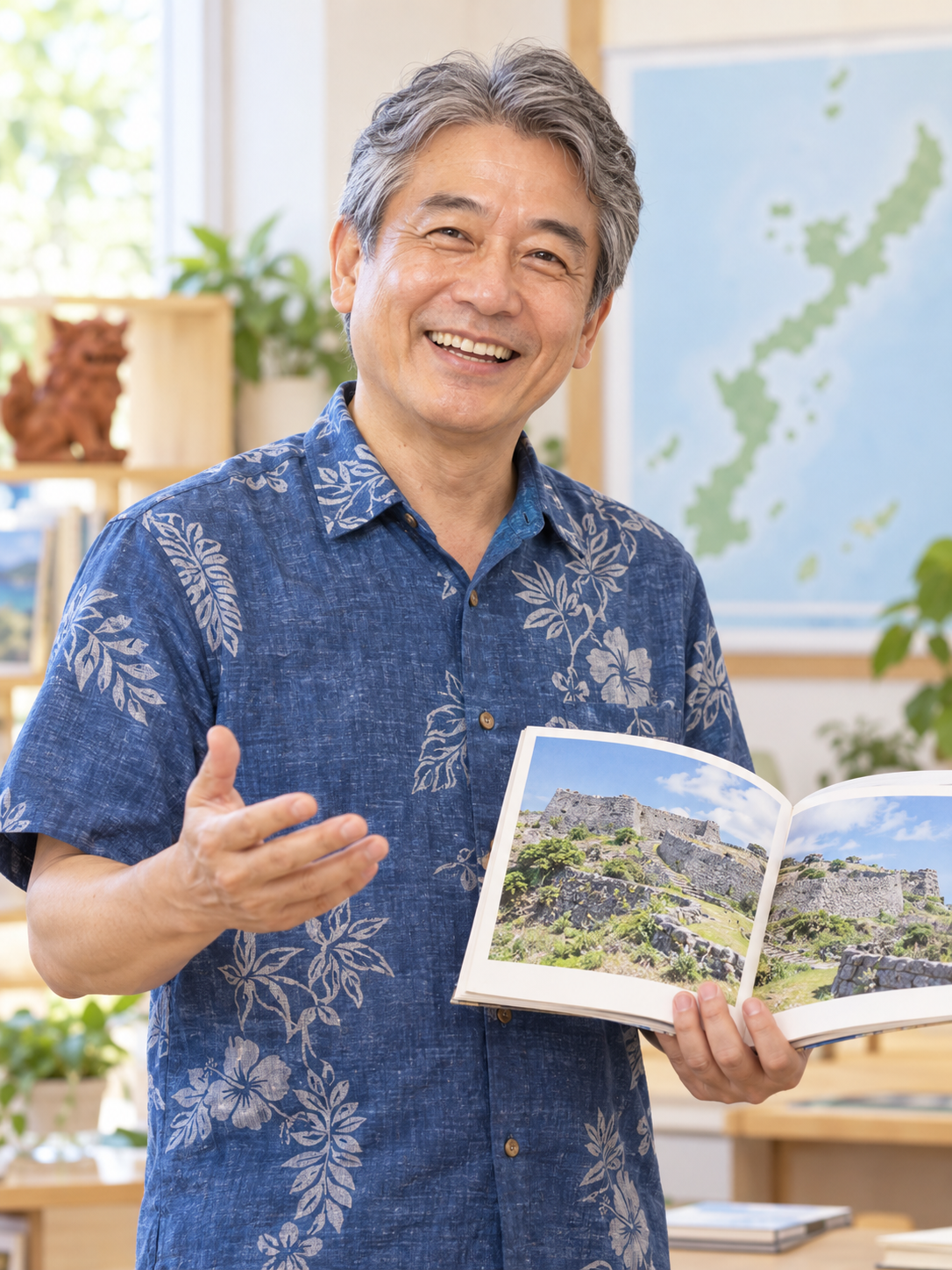 沖縄の歴史の資料を紹介する、笑顔の講師