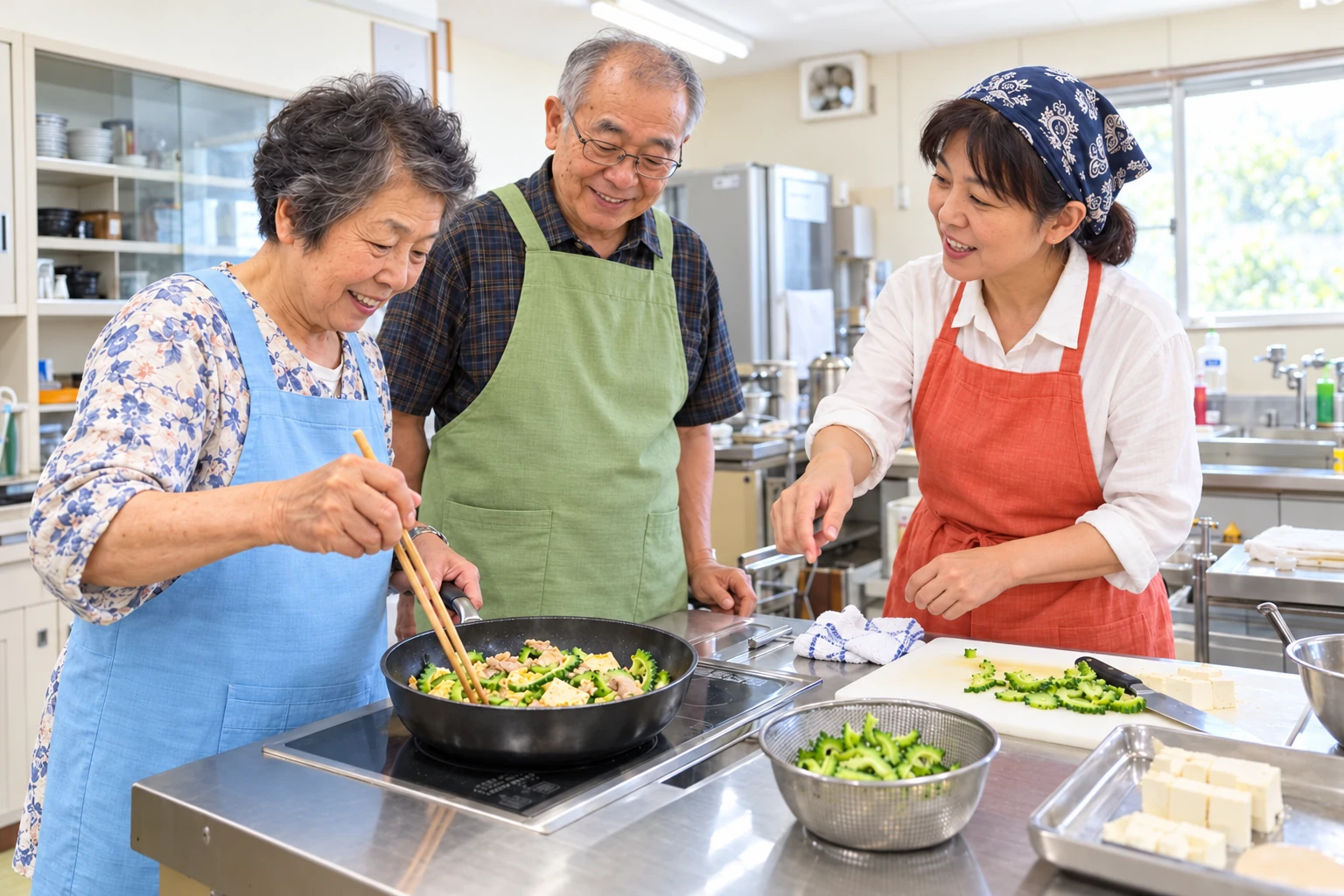 仲間と手を動かし、一緒に沖縄料理を作る様子