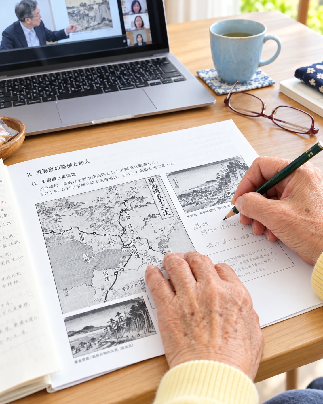 ご自宅に届いた紙の教材に書き込みながら学ぶ手元